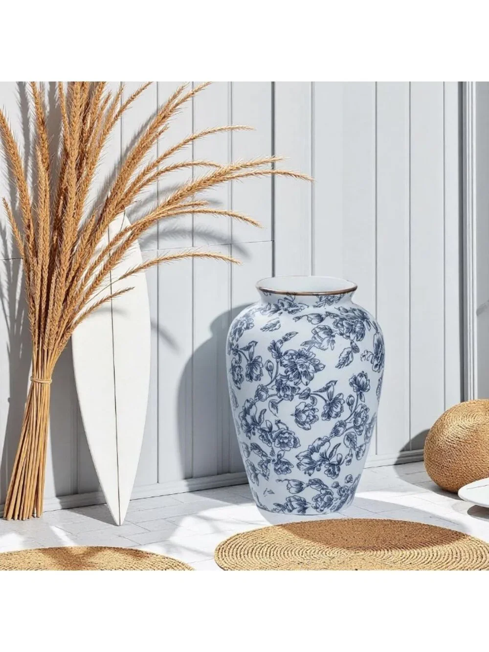 Vintage Blue and White Chinoiserie Ceramic Vase - Antique Floral Home Decor 9in